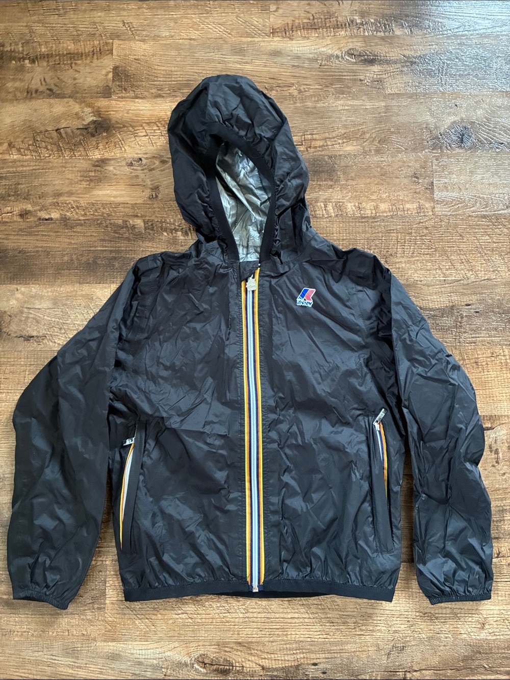 EUC K-Way Kids Black Hooded Windbreaker with Yellow-Trim Zipper - Packable